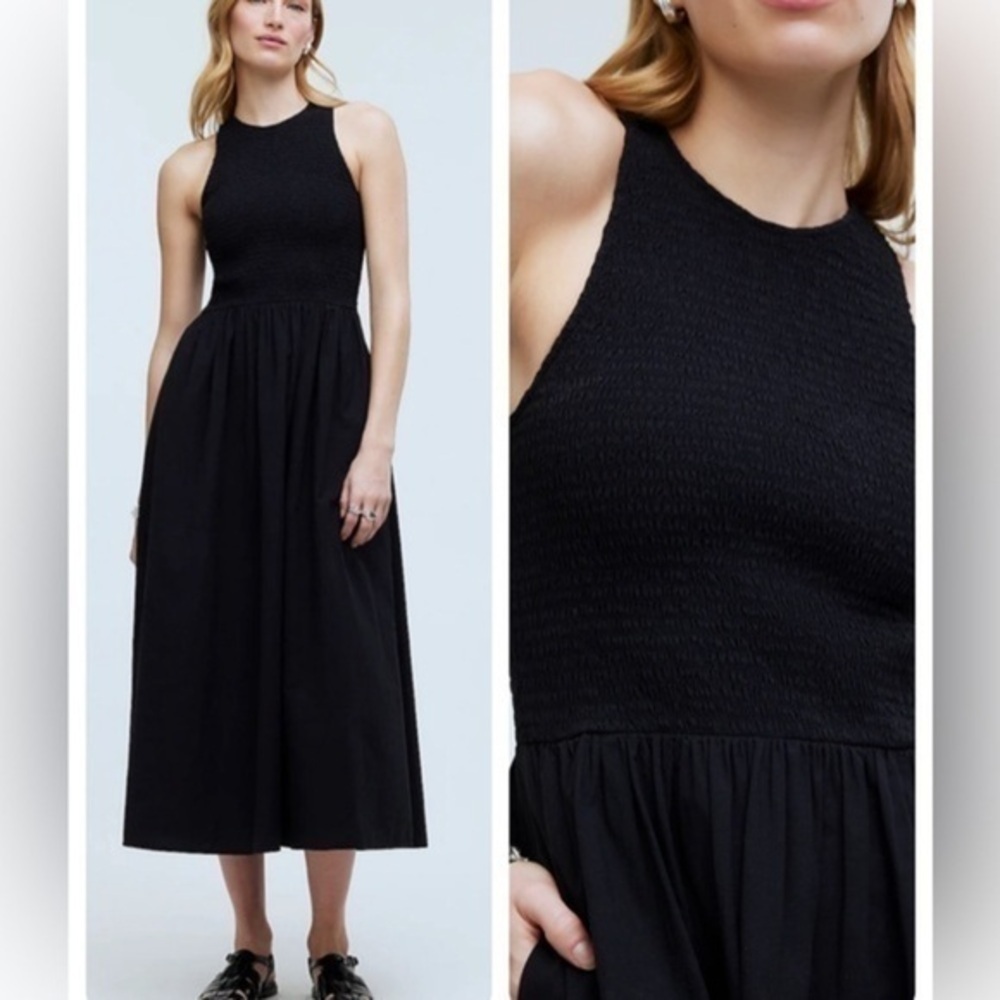 Madewell Black Melody Smocked Poplin Midi Dress XXS